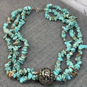 Vintage Turquoise Chips 3 Strand Chunky Natural Stones Necklace 16" + 2", 925